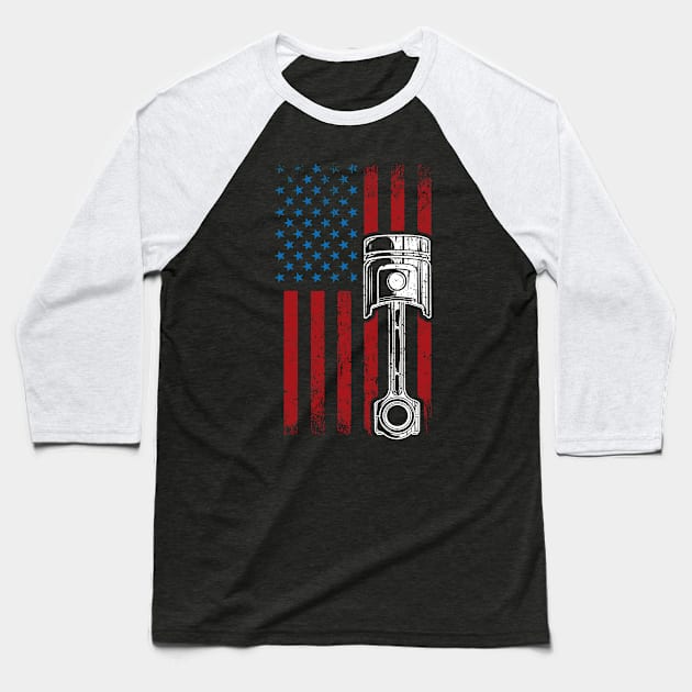 American Flag Piston Muscle Car Patriotic Vintage Baseball T-Shirt by TeddyTees